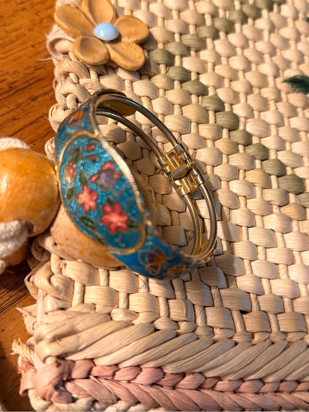 Enamel Floral Cloisonné Hinged Bangle Bracelet - Teal & Red